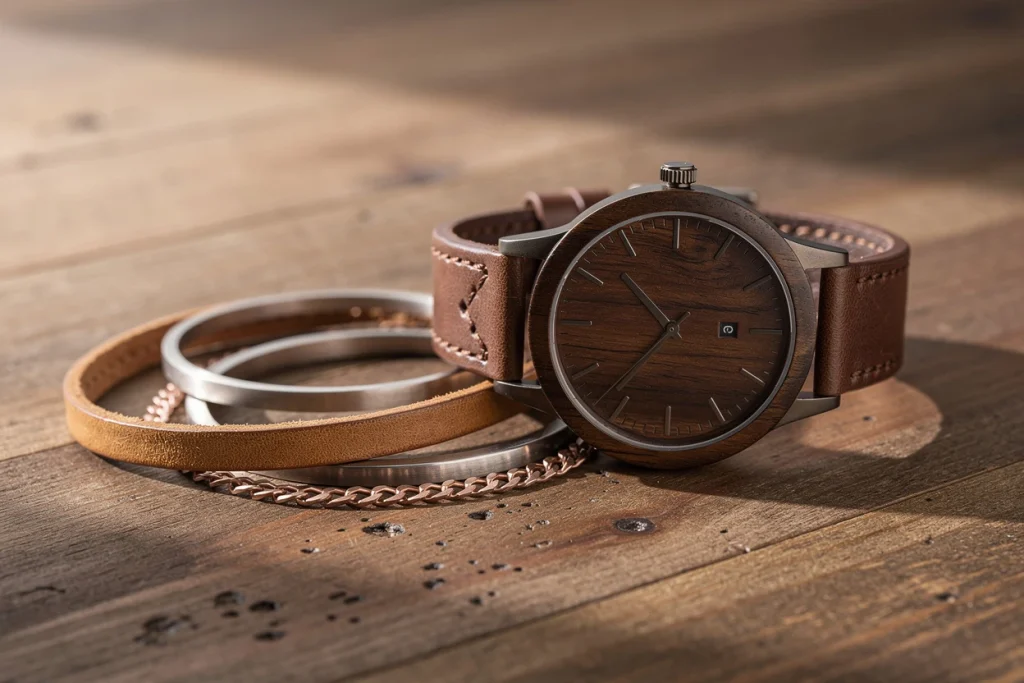Le duo gagnant : montre en bois et bracelets minimalistes, l’équilibre parfait pour un poignet stylé