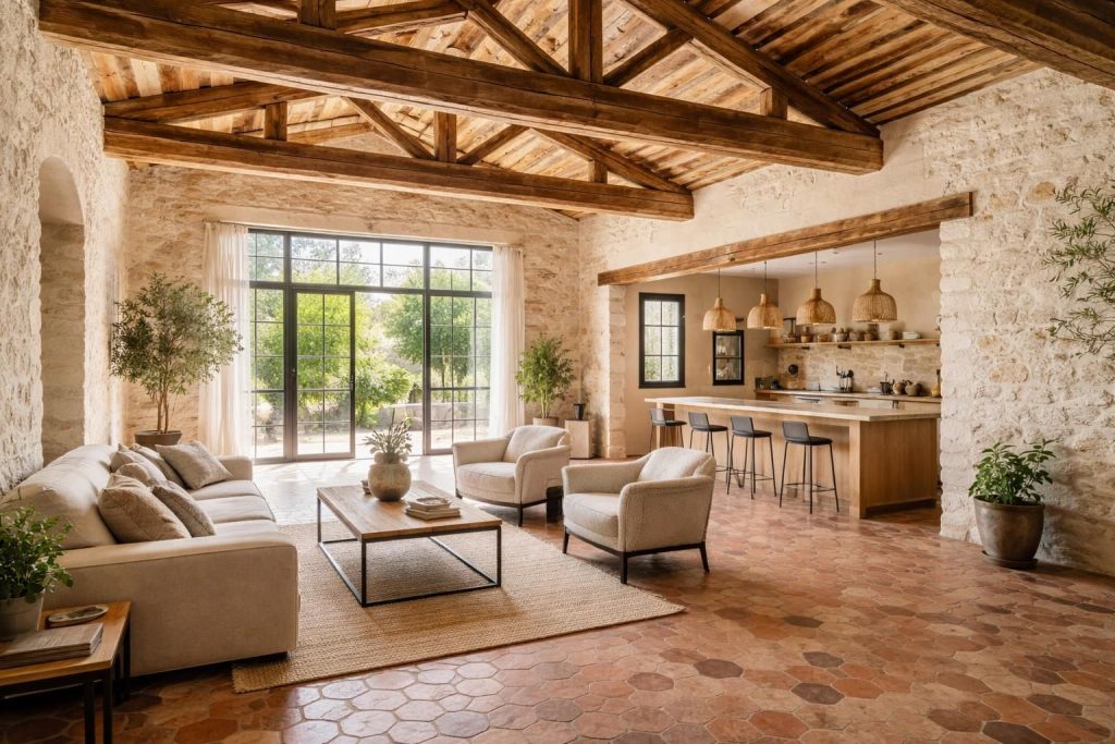 Rénover une écurie en habitation moderne avec poutres apparentes et tomettes provençales