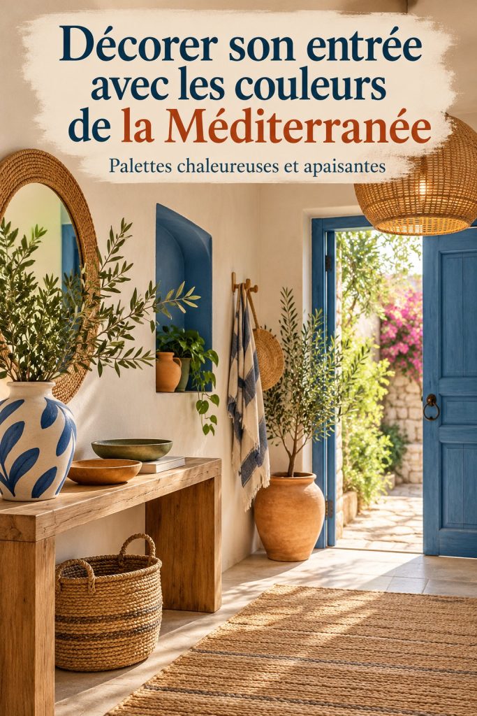 Entrée de maison décorée avec des couleurs méditerranéennes chaudes et accueillantes.
