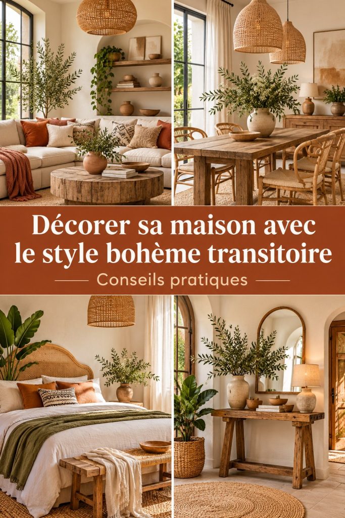 Intérieur de maison décoré dans un style bohème transitoire avec des textiles chaleureux et des couleurs apaisantes.