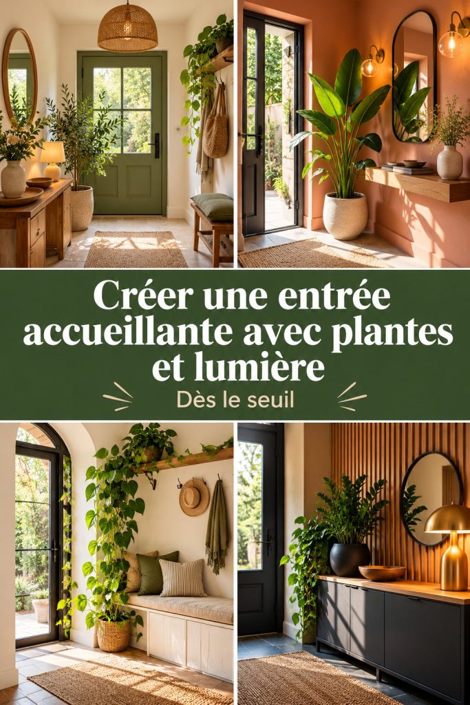 Entrée chaleureuse avec des plantes vertes et un éclairage doux