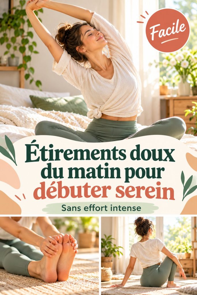 Femme réalisant des étirements doux dans un cadre naturel au lever du soleil