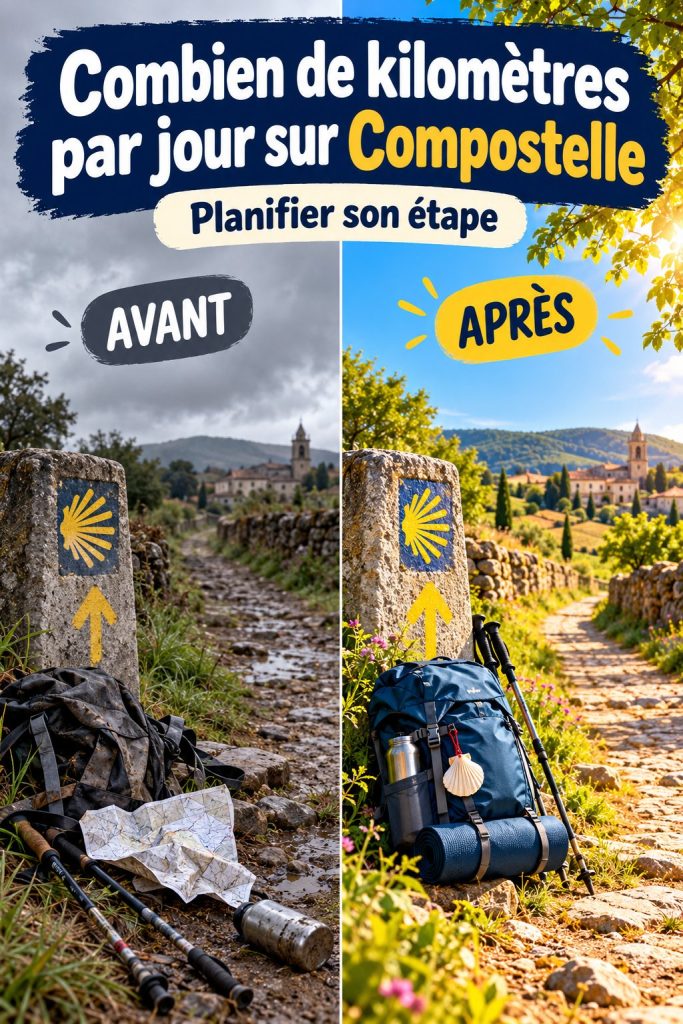 Randonneur sur le chemin de Compostelle, appréciant la nature et planifiant son kilométrage quotidien.