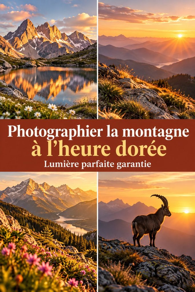 Randonnée en montagne à l'heure dorée, avec des paysages illuminés par la lumière douce du couchant.