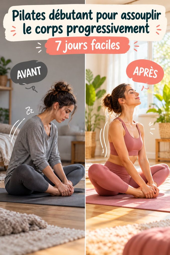 Femme qui pratique des exercices de Pilates dans un parc ensoleillé, montrant des positions de souplesse.
