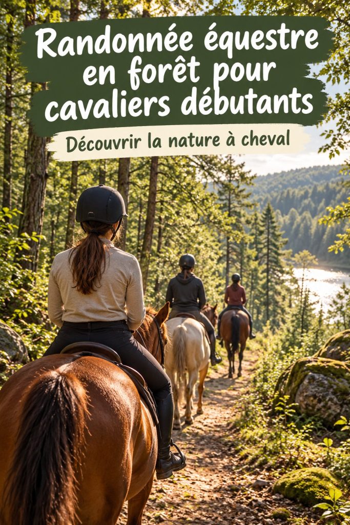 Cavalier débutant en randonnée équestre à travers une forêt verdoyante, savourant la nature.